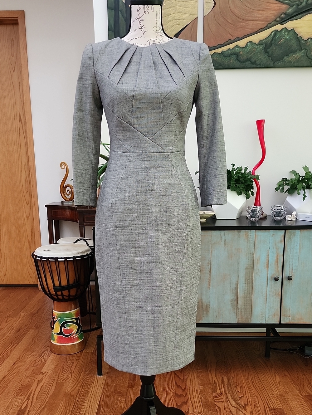Karen Millen Grey Pleated Neck Tailoered Midi Dress - NWT - Picture 2 of 14